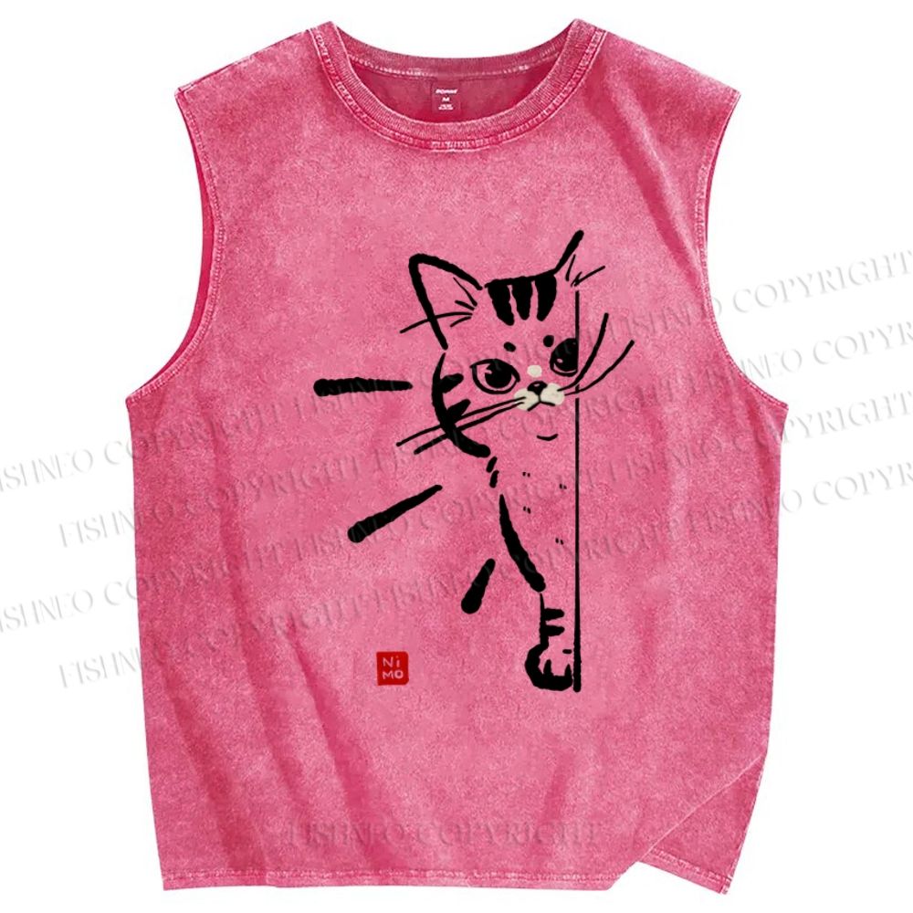 Unisex Cat Printed Washed Tank Top