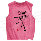 Unisex Cat Printed Washed Tank Top