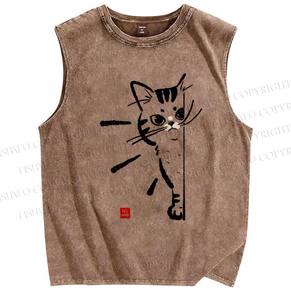 Unisex Cat Printed Washed Tank Top