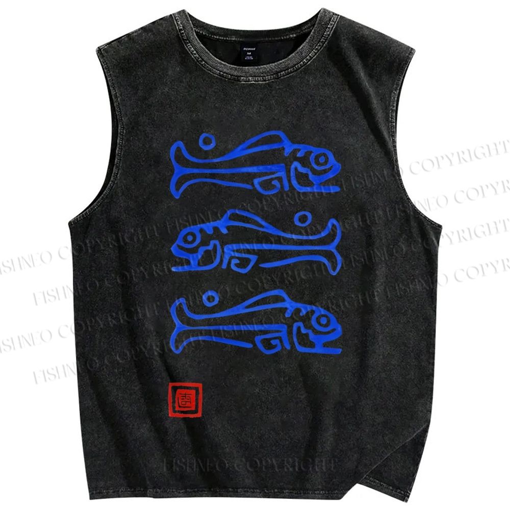 Unisex Art Fish Printed Washed Tank Top