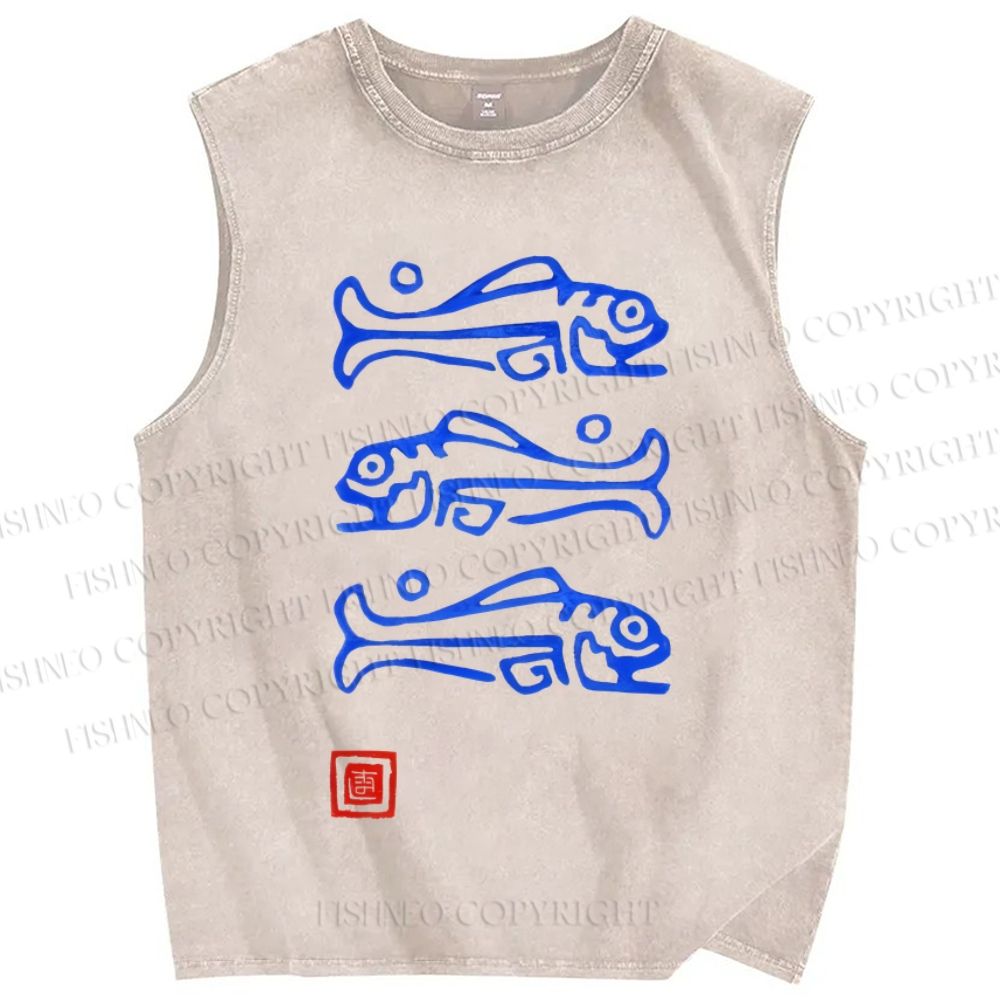 Unisex Art Fish Printed Washed Tank Top