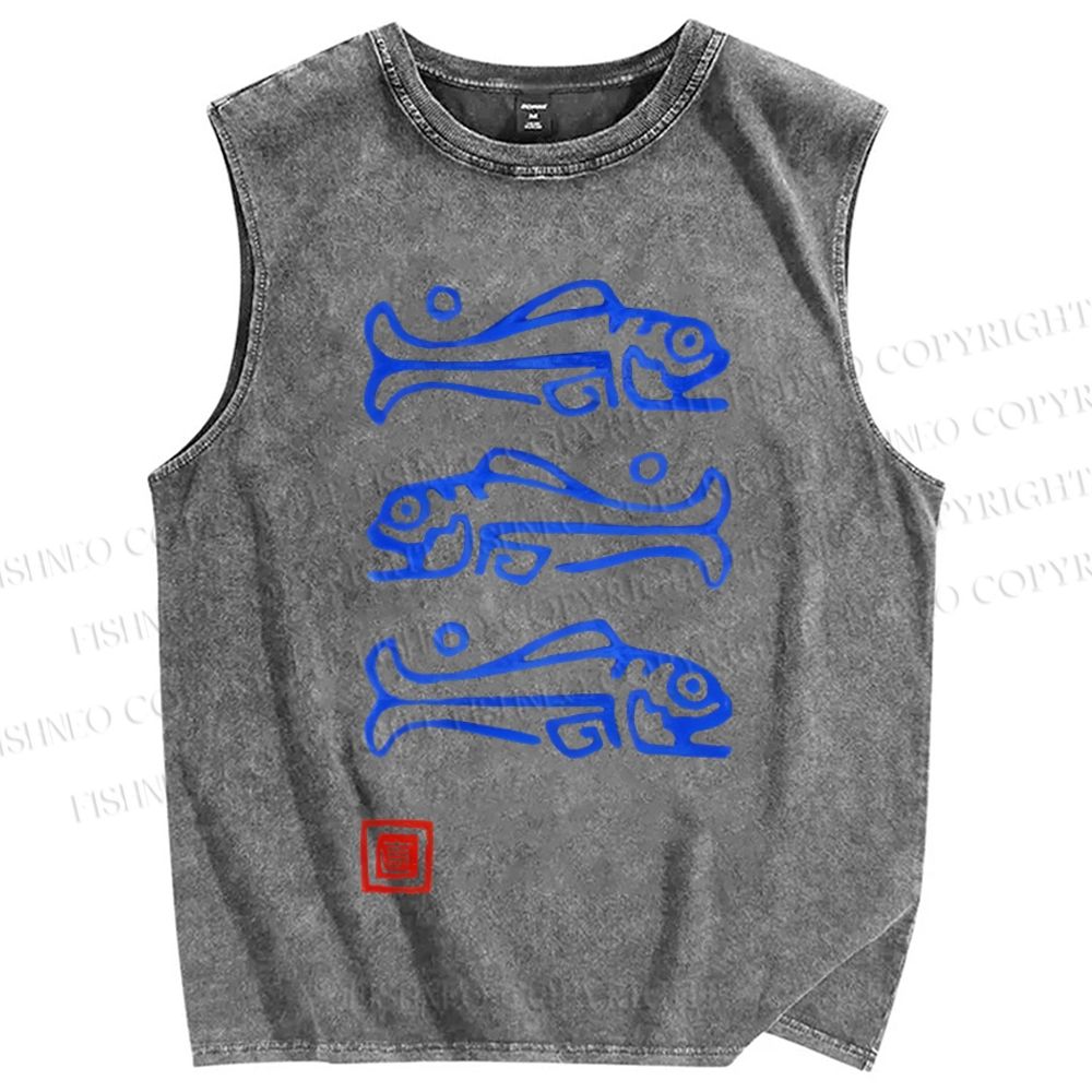 Unisex Art Fish Printed Washed Tank Top