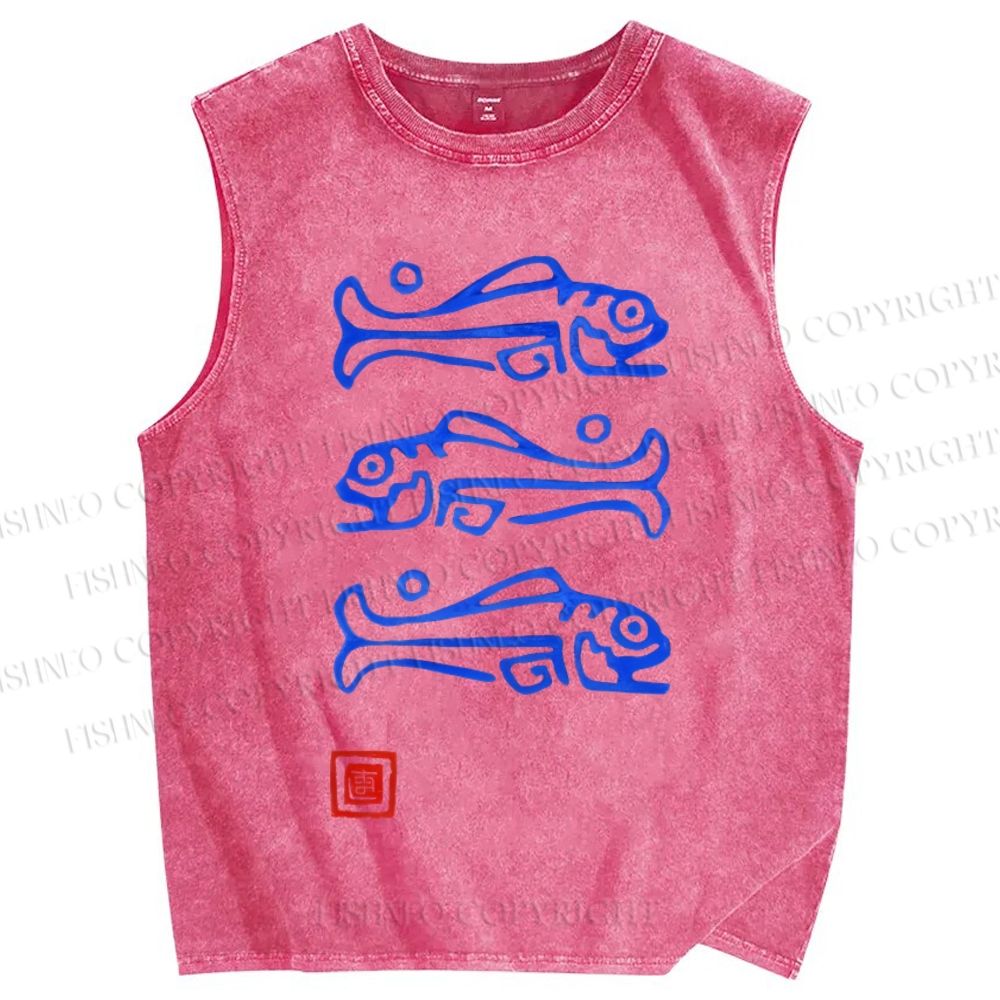 Unisex Art Fish Printed Washed Tank Top