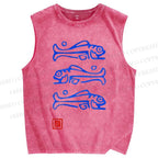 Unisex Art Fish Printed Washed Tank Top