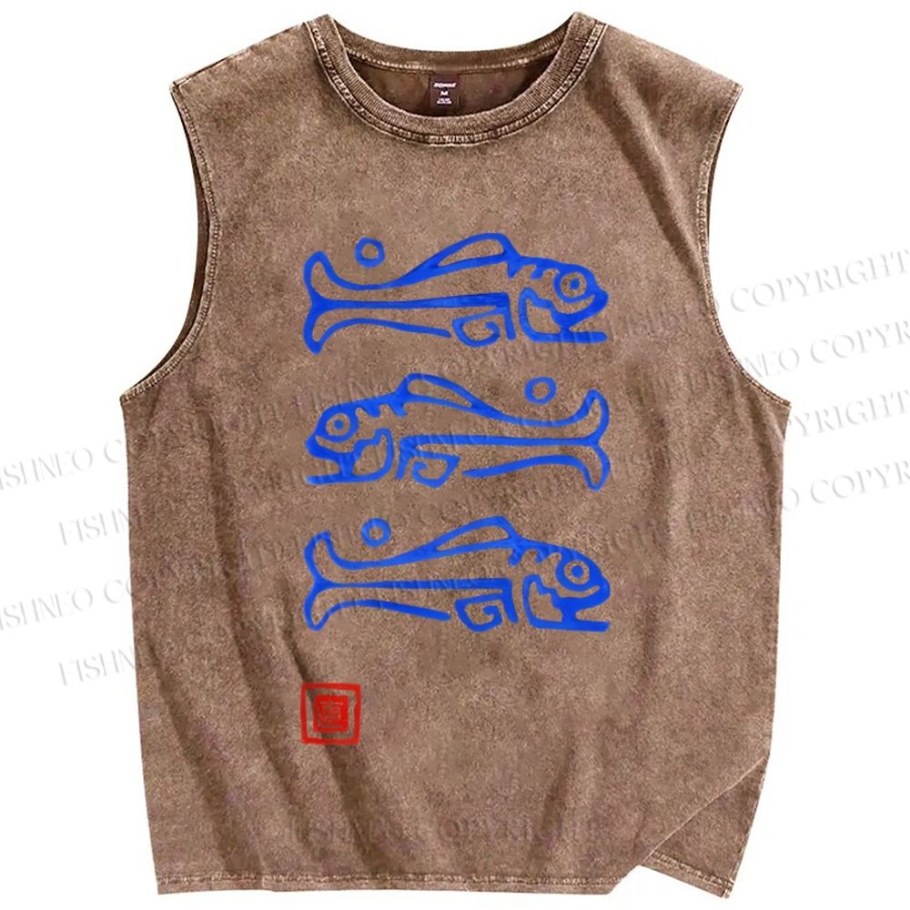 Unisex Art Fish Printed Washed Tank Top
