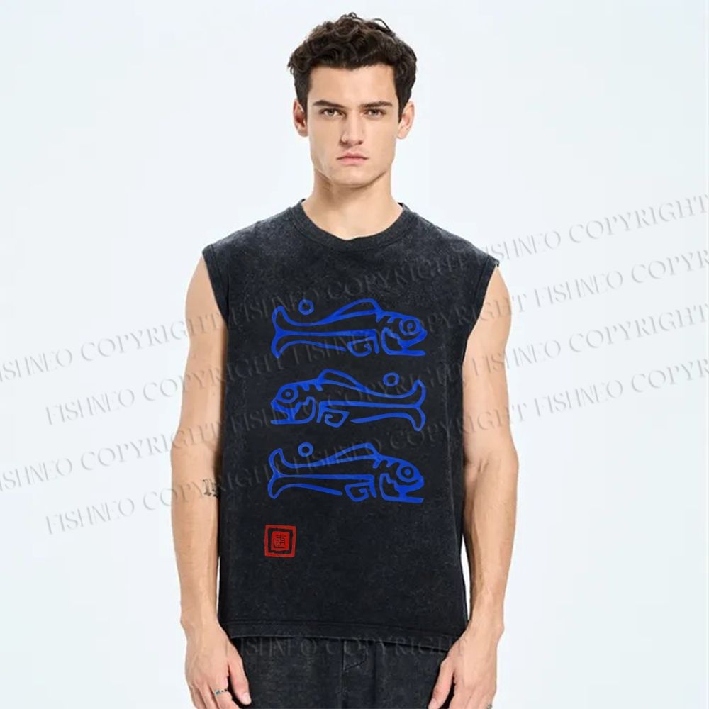 Unisex Art Fish Printed Washed Tank Top