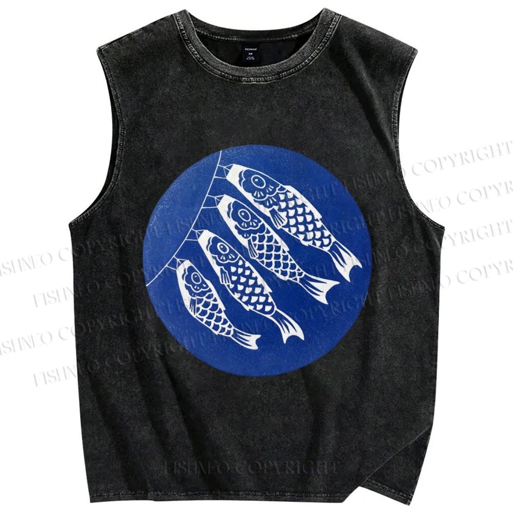 Unisex Japanese Fish Kite Printed Washed Tank Top