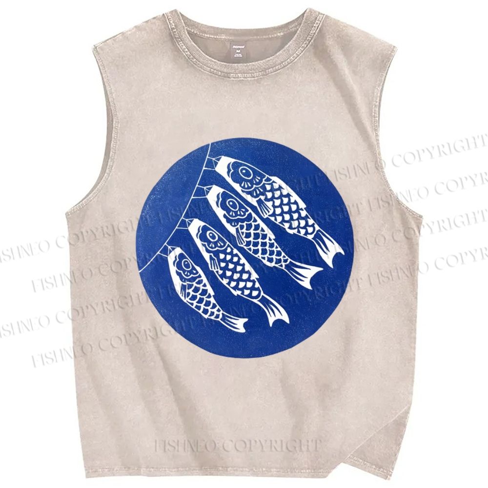 Unisex Japanese Fish Kite Printed Washed Tank Top