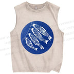 Unisex Japanese Fish Kite Printed Washed Tank Top