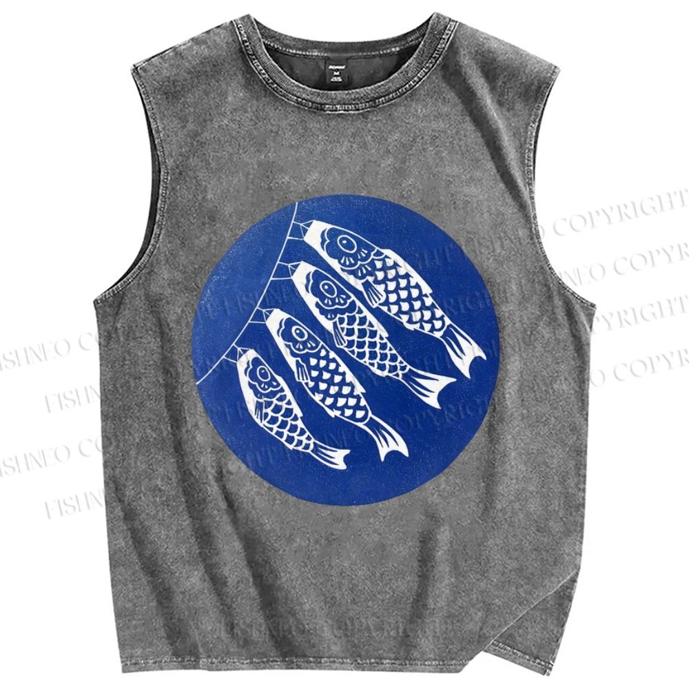 Unisex Japanese Fish Kite Printed Washed Tank Top