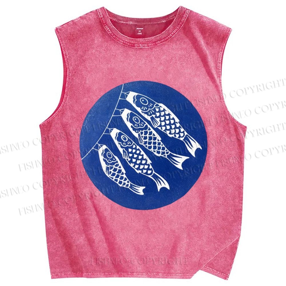 Unisex Japanese Fish Kite Printed Washed Tank Top