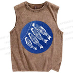 Unisex Japanese Fish Kite Printed Washed Tank Top