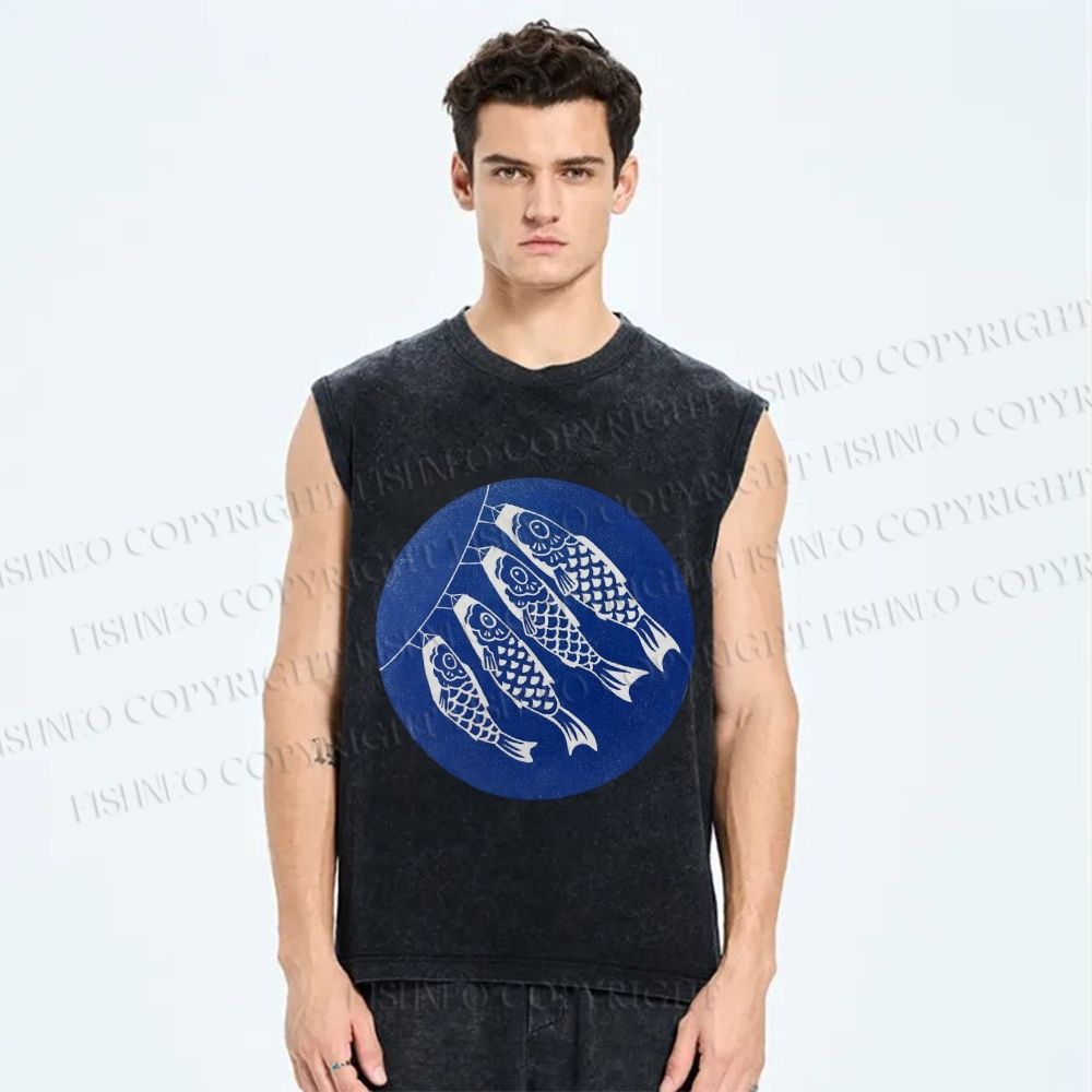 Unisex Japanese Fish Kite Printed Washed Tank Top