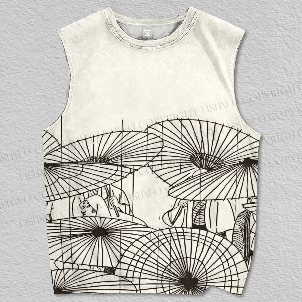 Unisex Japanese Art Umbrella Raining Printed Tank Top