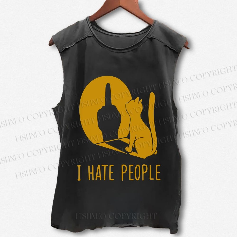 Unisex Yellow Cat Hate People Printed Washed Tank Top