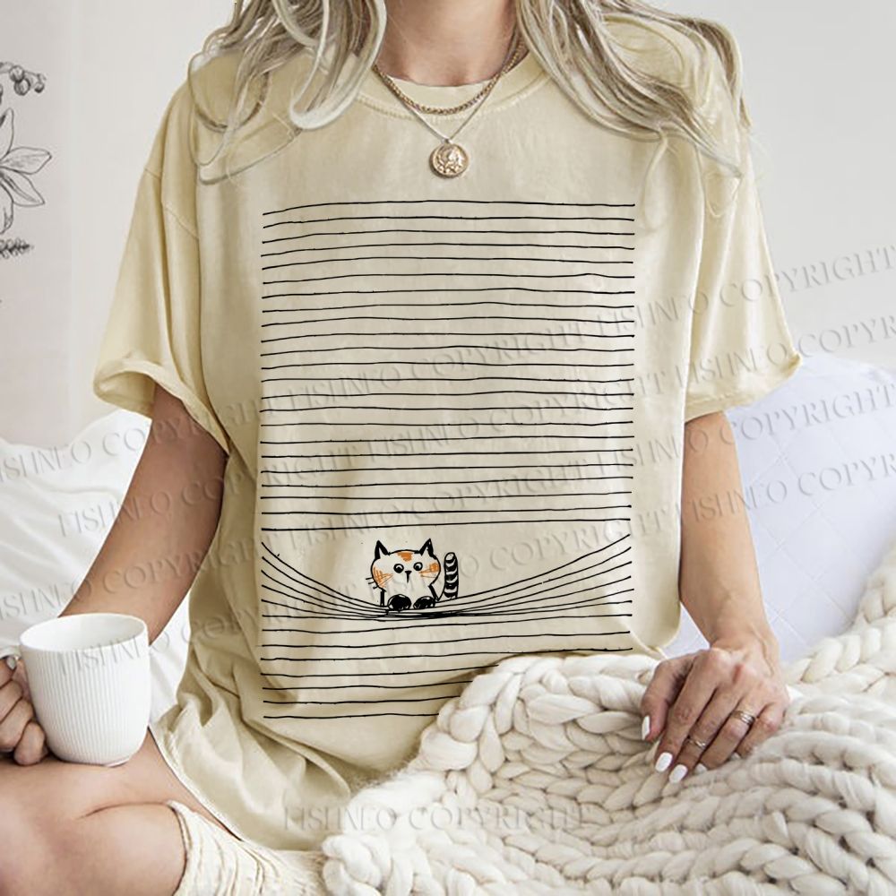 Unisex Cat In Line Printed Washed Tee