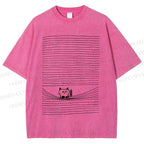 Unisex Cat In Line Printed Washed Tee