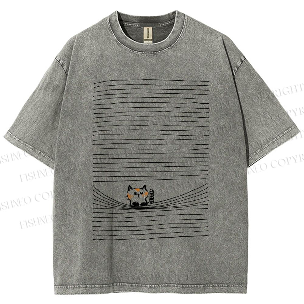 Unisex Cat In Line Printed Washed Tee