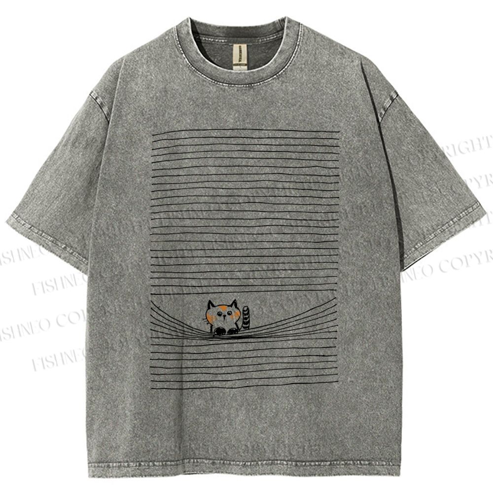 Unisex Cat In Line Printed Washed Tee