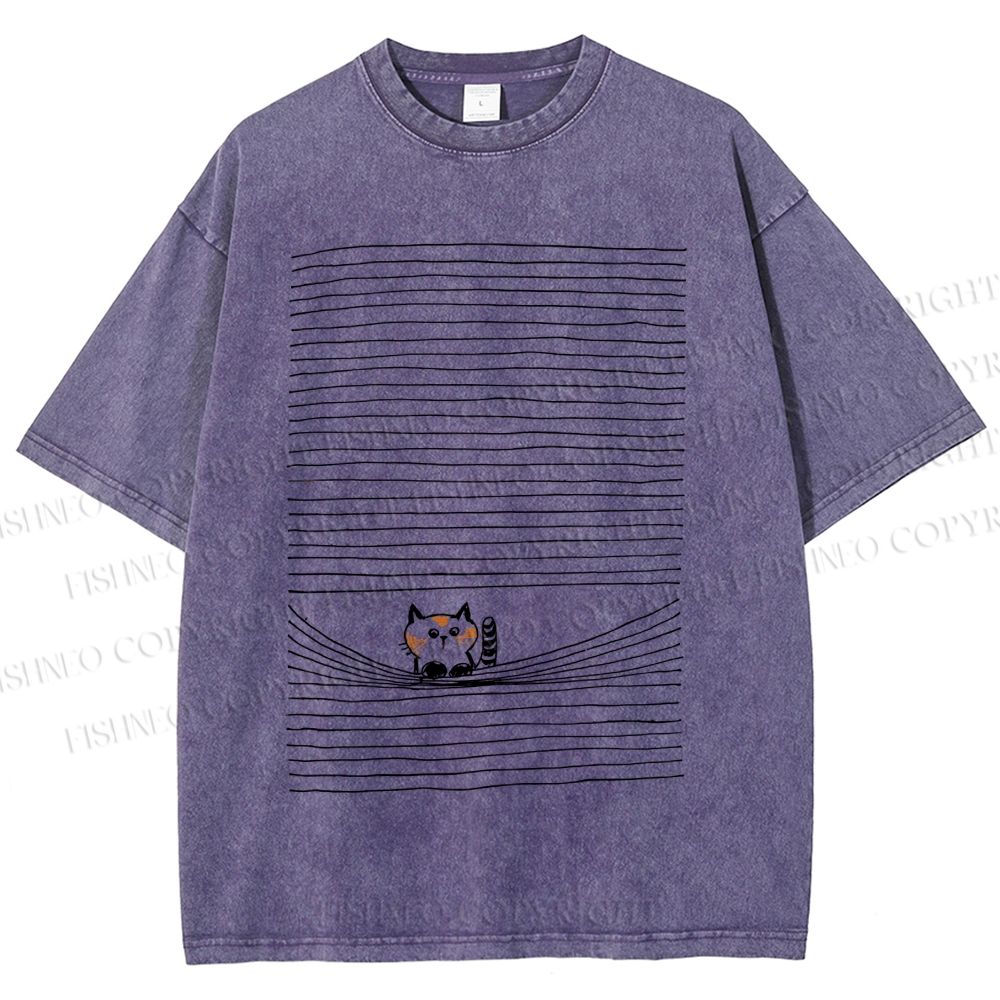 Unisex Cat In Line Printed Washed Tee