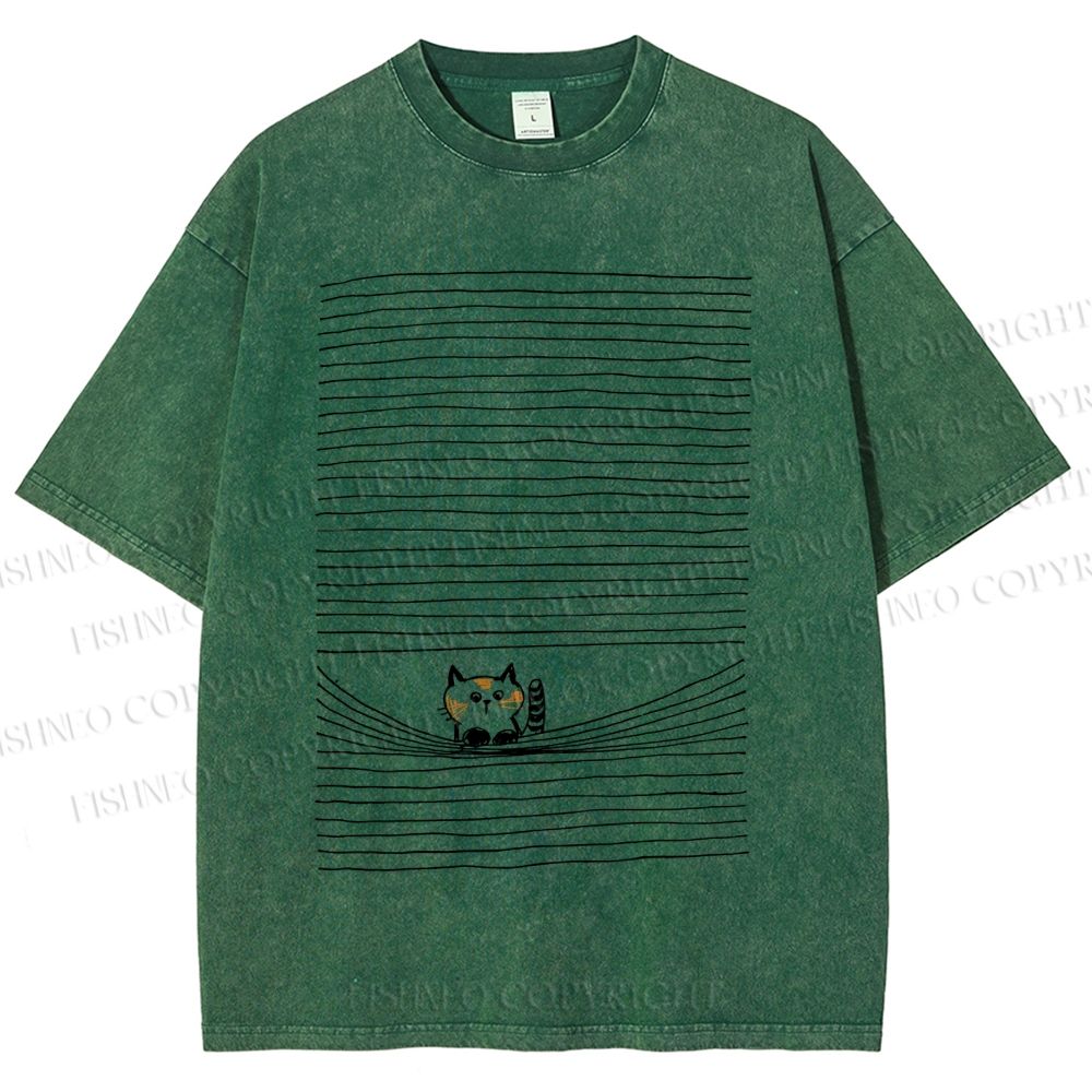 Unisex Cat In Line Printed Washed Tee