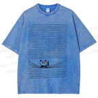 Unisex Cat In Line Printed Washed Tee