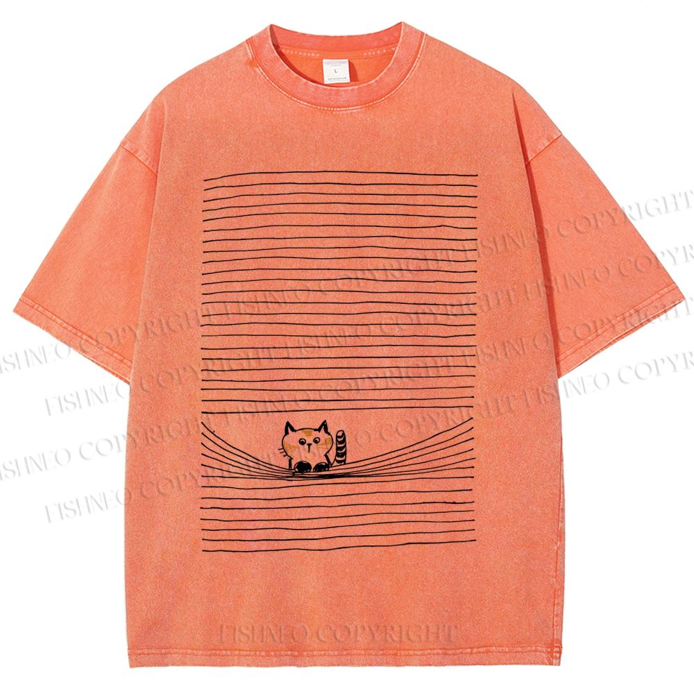 Unisex Cat In Line Printed Washed Tee