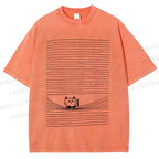 Unisex Cat In Line Printed Washed Tee
