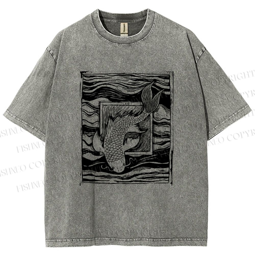 Unisex Vintage Koi Fish Printed Washed Tee