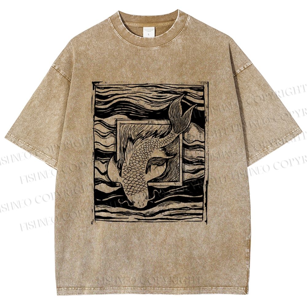 Unisex Vintage Koi Fish Printed Washed Tee