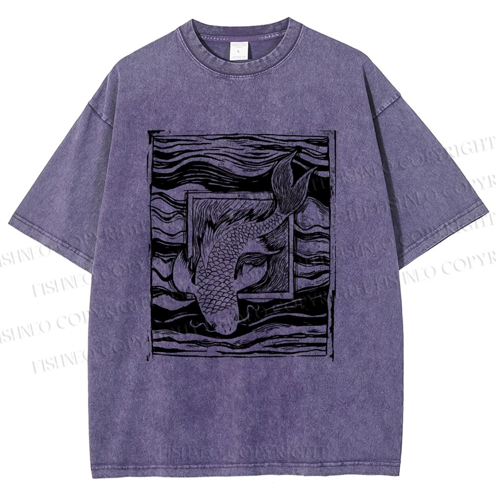 Unisex Vintage Koi Fish Printed Washed Tee