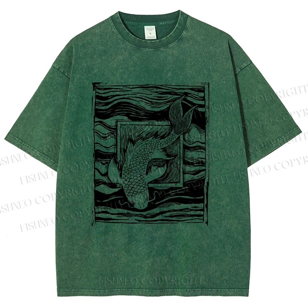 Unisex Vintage Koi Fish Printed Washed Tee