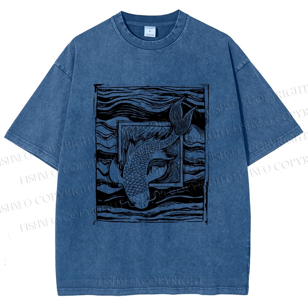 Unisex Vintage Koi Fish Printed Washed Tee