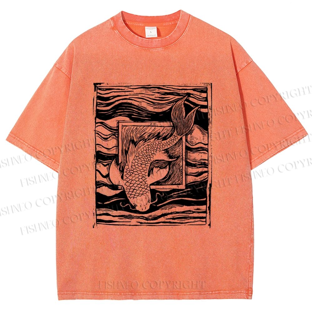 Unisex Vintage Koi Fish Printed Washed Tee