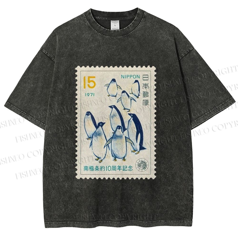 Unisex Vintage Penguin Stamp Printed Washed Tee