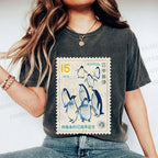 Unisex Vintage Penguin Stamp Printed Washed Tee