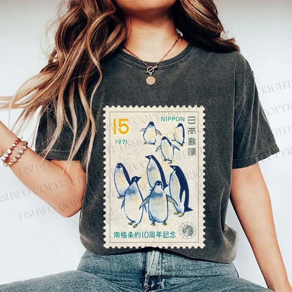 Unisex Vintage Penguin Stamp Printed Washed Tee