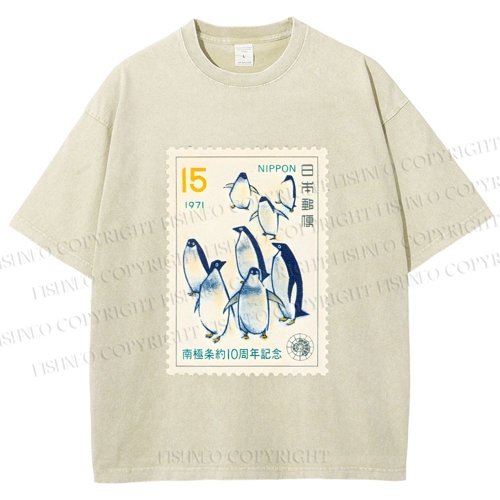 Unisex Vintage Penguin Stamp Printed Washed Tee