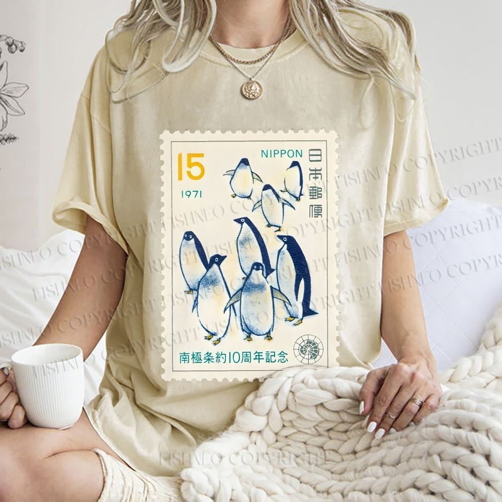Unisex Vintage Penguin Stamp Printed Washed Tee