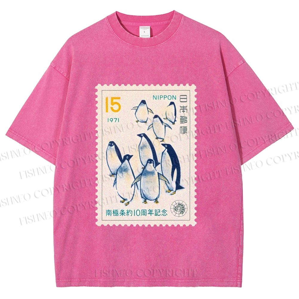 Unisex Vintage Penguin Stamp Printed Washed Tee