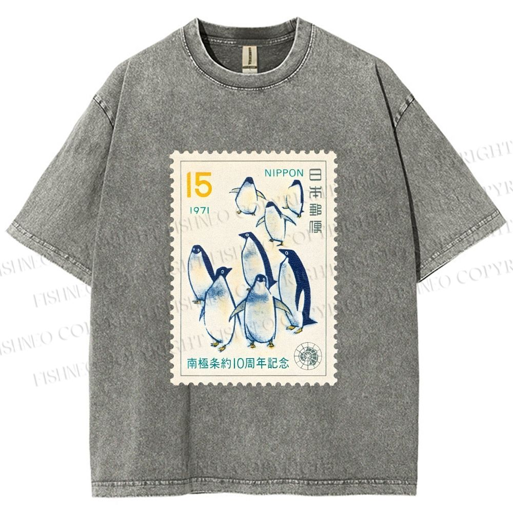 Unisex Vintage Penguin Stamp Printed Washed Tee