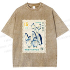 Unisex Vintage Penguin Stamp Printed Washed Tee