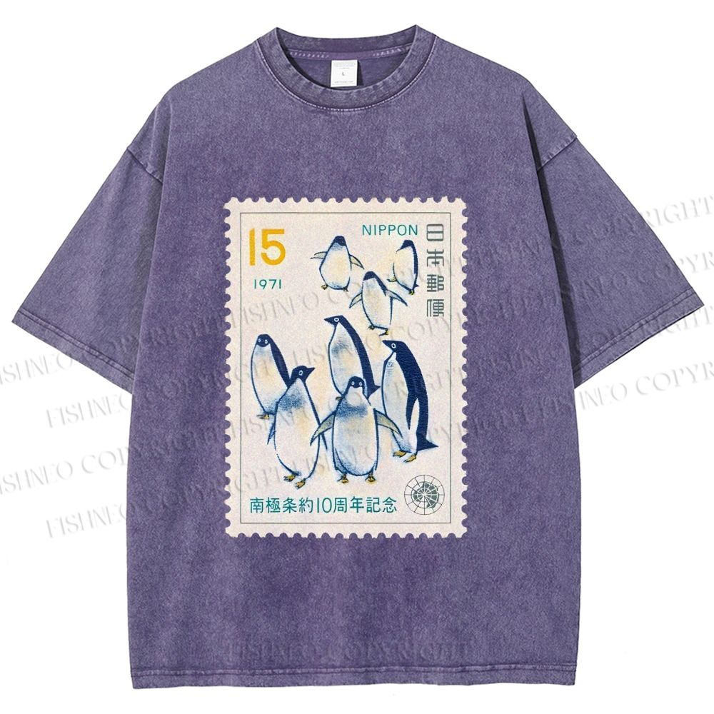 Unisex Vintage Penguin Stamp Printed Washed Tee