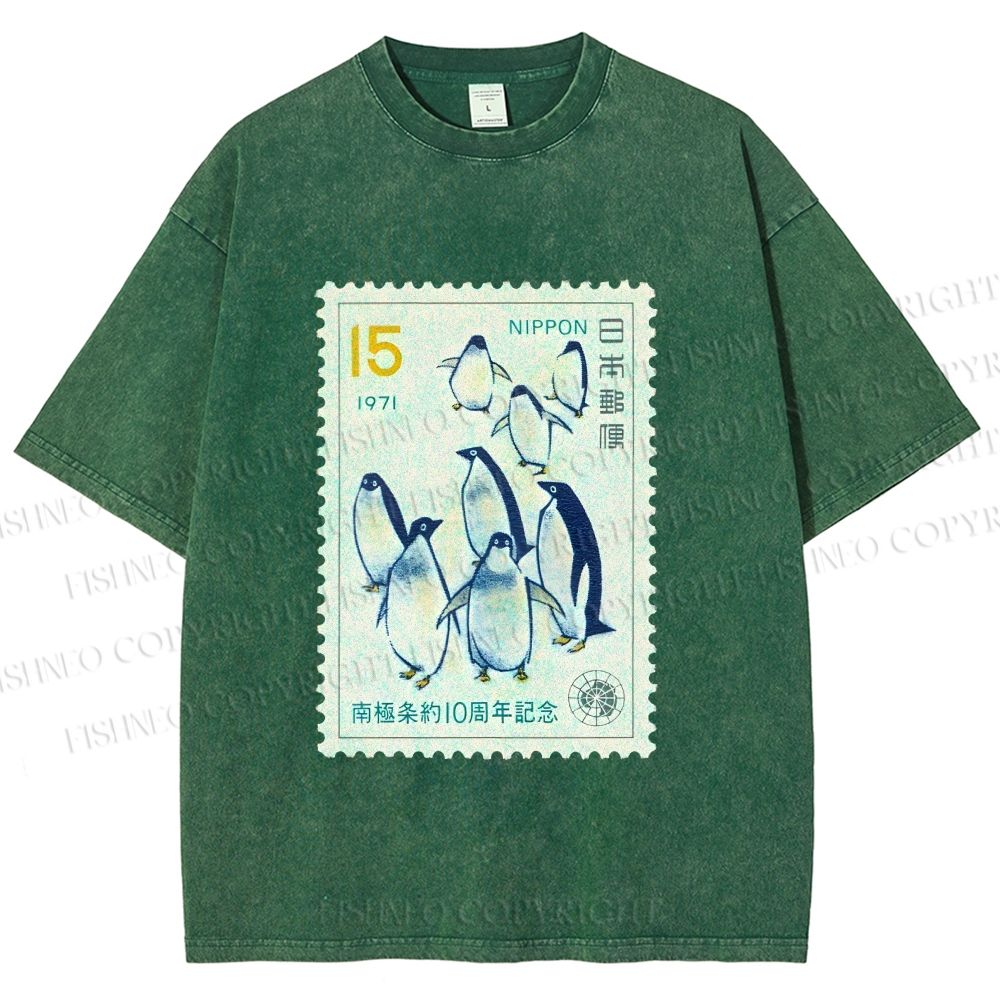 Unisex Vintage Penguin Stamp Printed Washed Tee