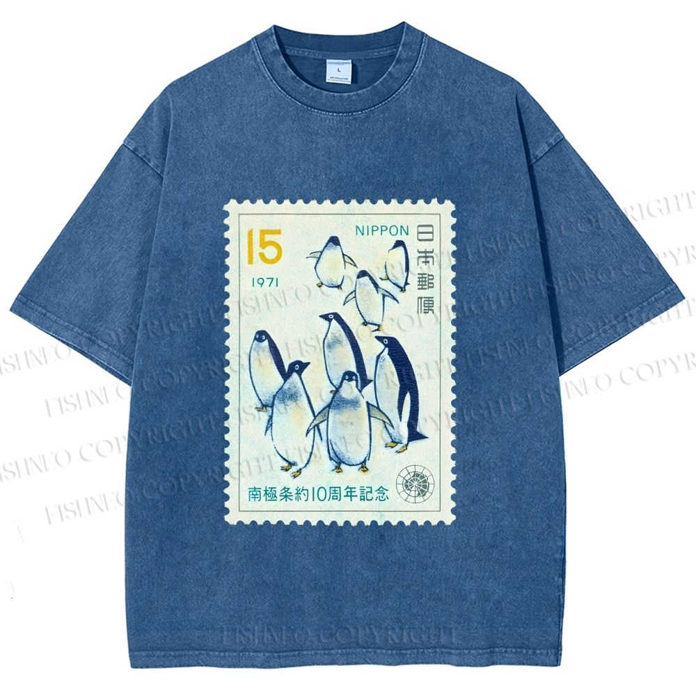 Unisex Vintage Penguin Stamp Printed Washed Tee