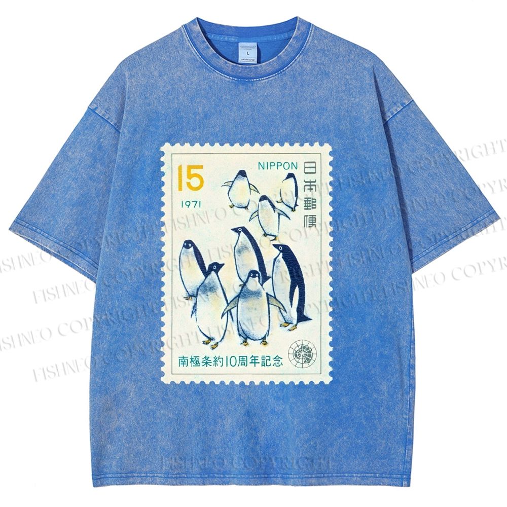 Unisex Vintage Penguin Stamp Printed Washed Tee