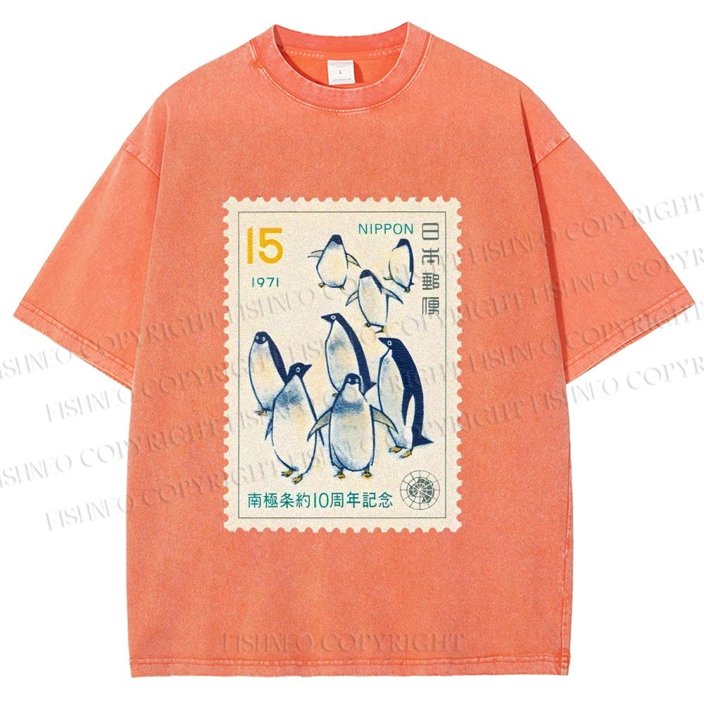 Unisex Vintage Penguin Stamp Printed Washed Tee