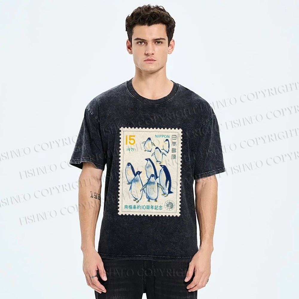 Unisex Vintage Penguin Stamp Printed Washed Tee