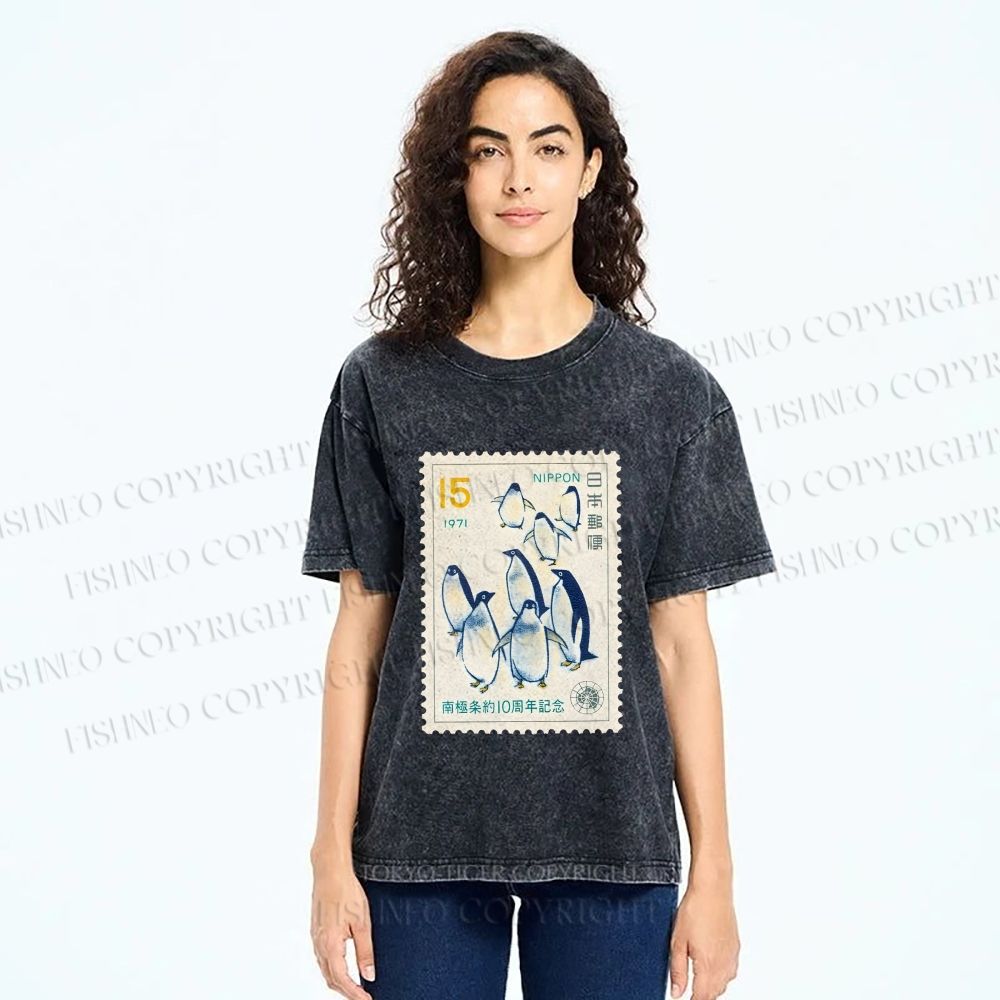 Unisex Vintage Penguin Stamp Printed Washed Tee