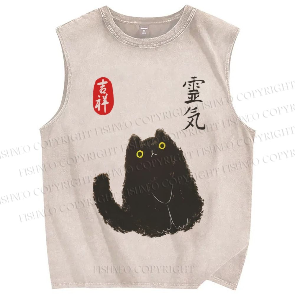 Unisex Japanese Vintage Cat Printed Washed Tank Top